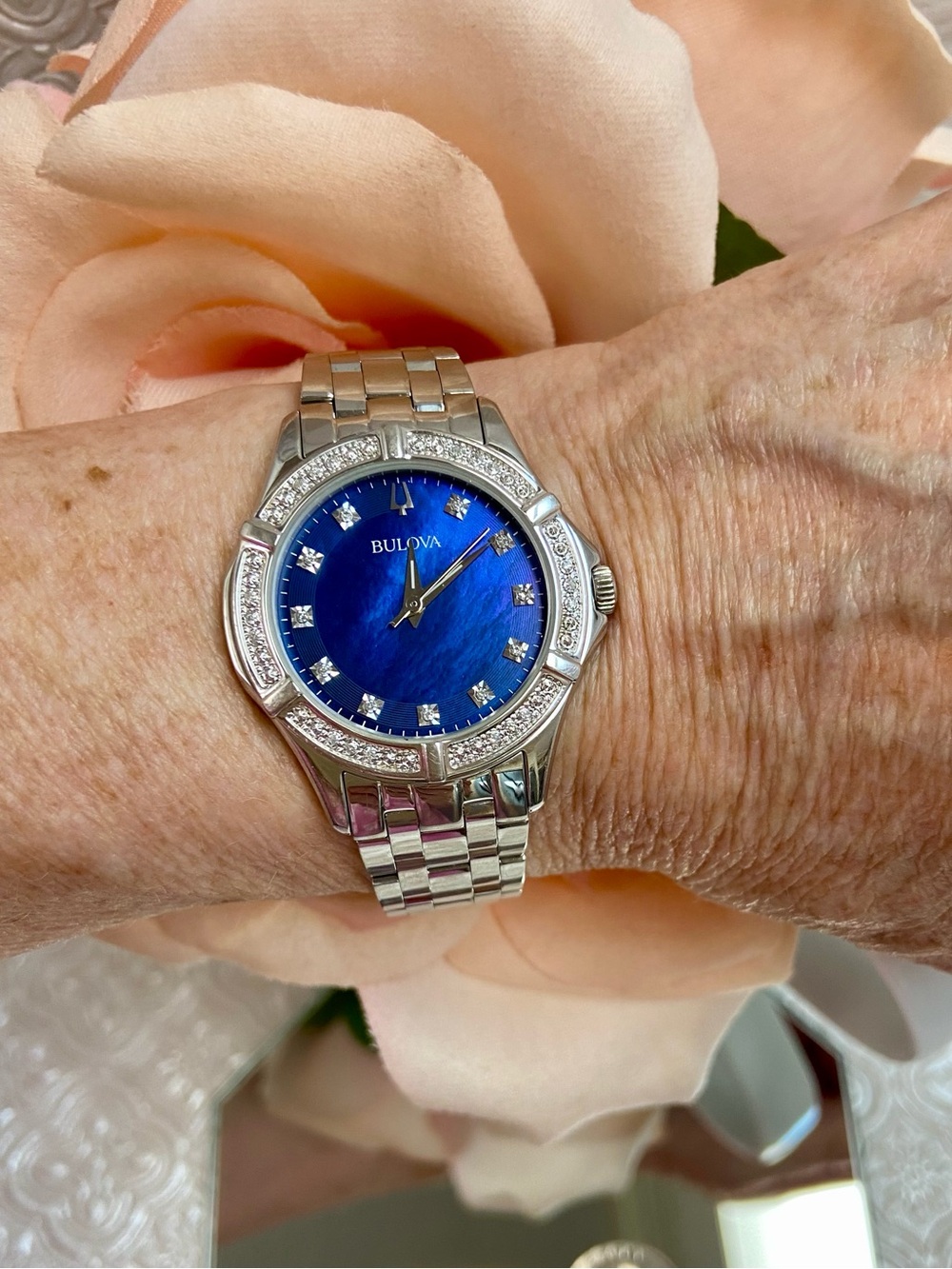 Bulova Diamond Accented Bezel & Dial Blue Mother of Pearl Dial Stainless Watch - Picture 8 of 16